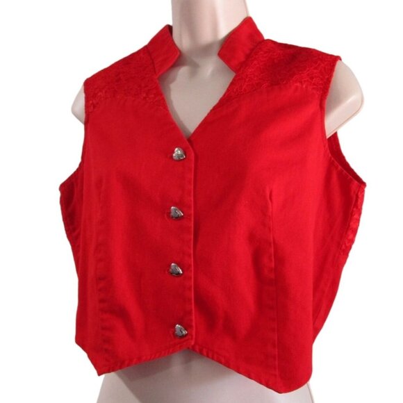 Vintage Banjo Red Heart Cut Out Buttons Crop Top Lace Accent USA Made Ladies M - Picture 1 of 16